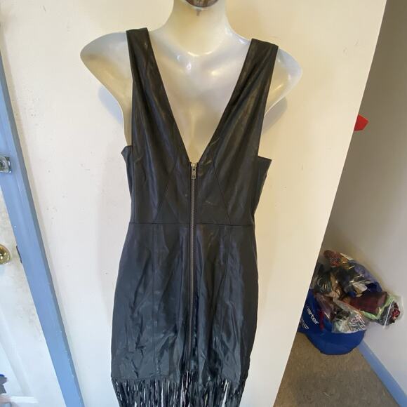 Y2K Black Faux Leather Maxi Dress Sleeves Whimsigoth Witch Cut Out Fringe XS - Picture 9 of 11